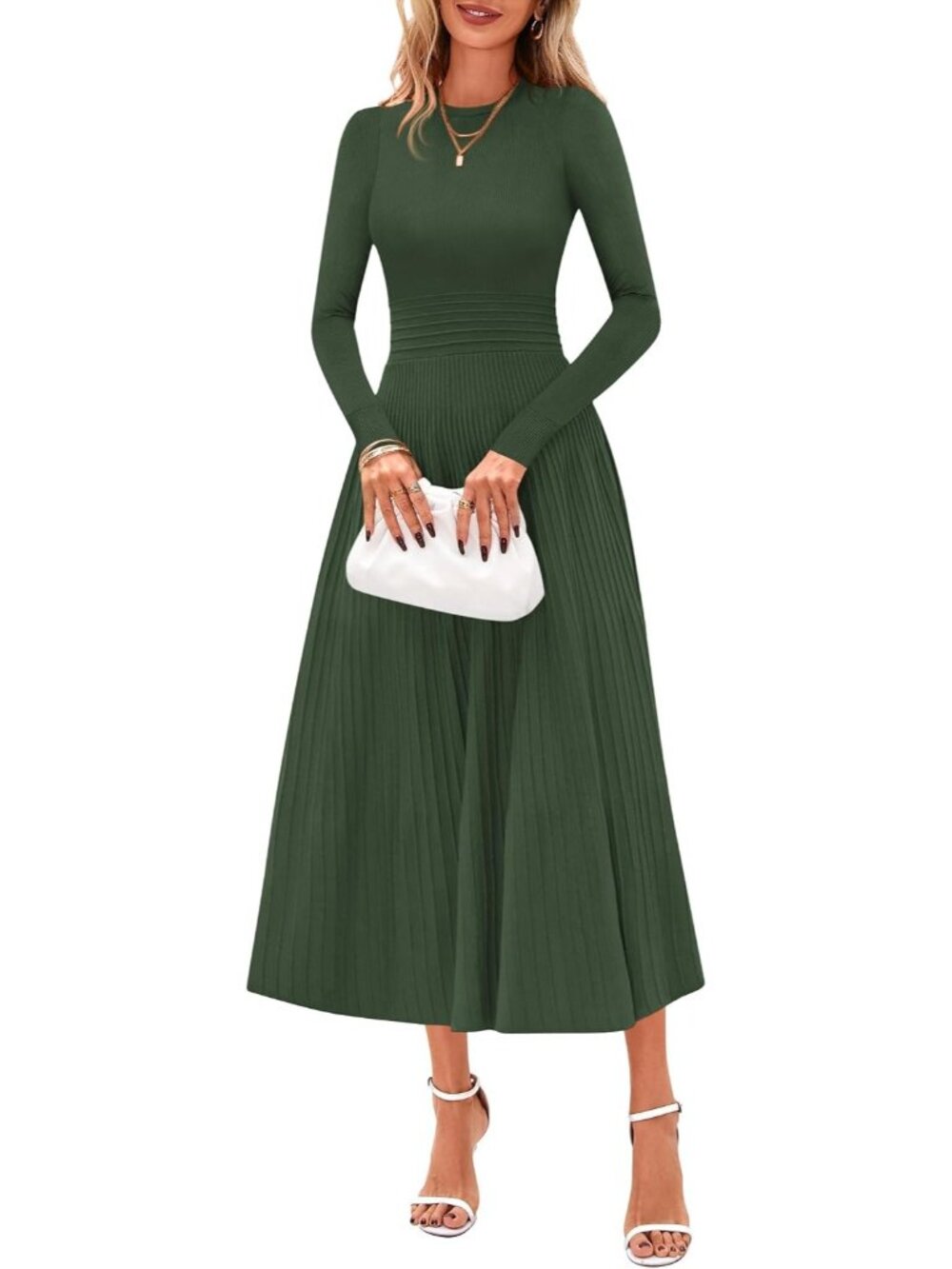 Women's Army Green Long Sleeve Knit Slim Fit A Line Sweater Guest Maxi Dresses